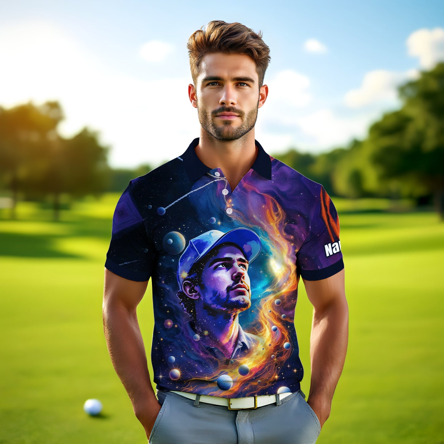 Custom Cosmic Portrait Polo Shirt – Personalized Surreal Galaxy Art with Your Face | Unique Gift for Golfers, Sports & Astrology Fans Style 2