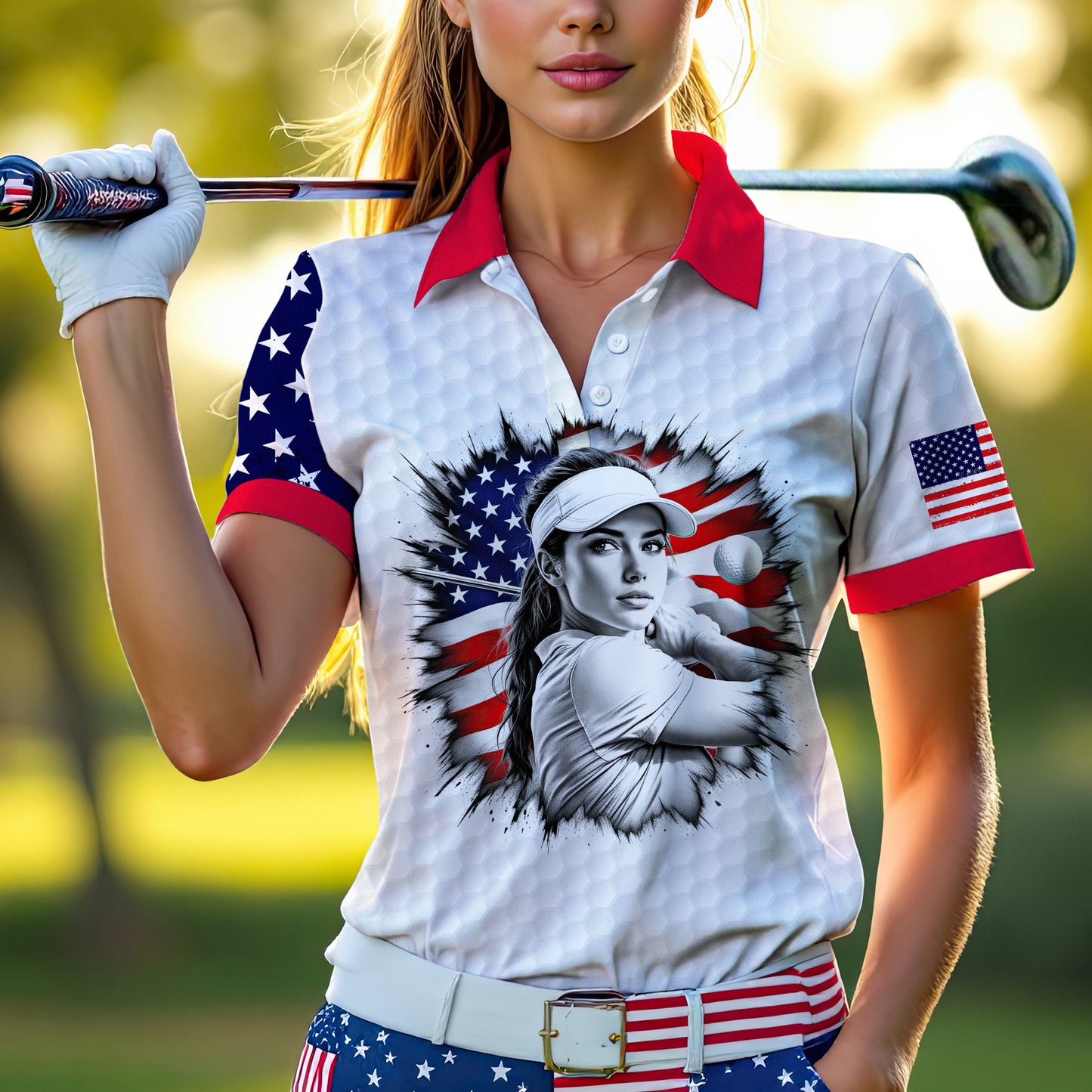 Custom Women’s Golf Polo Shirt – USA Flag Design with Personalized Face | Patriotic Sportswear for Female Golfers Style 6