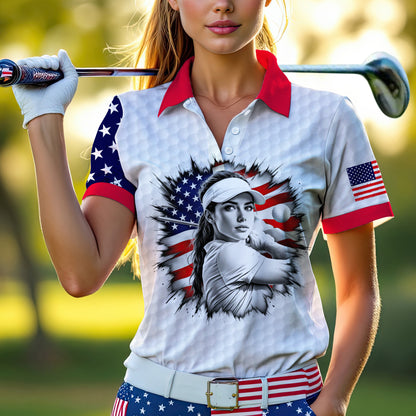 Custom Women’s Golf Polo Shirt – USA Flag Design with Personalized Face | Patriotic Sportswear for Female Golfers Style 6
