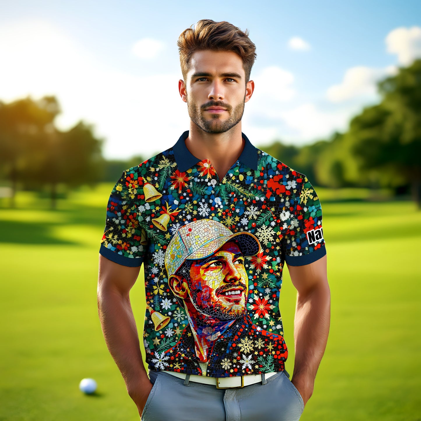 Personalized Christmas Golf Polo Shirt with Your Face – Custom Photo Holiday Shirt – Unique Mosaic Art Xmas Gift for Men, Custom Golf Apparel Style 10