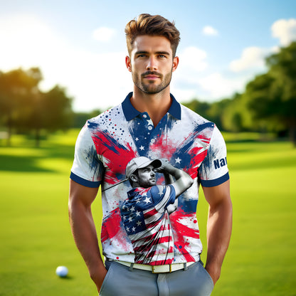 HomyGifts Men's Customized Face Artistic Golf Polo Shirt, Personalized American Flag Design, Unique Gift for Patriotic Golfers Style 24