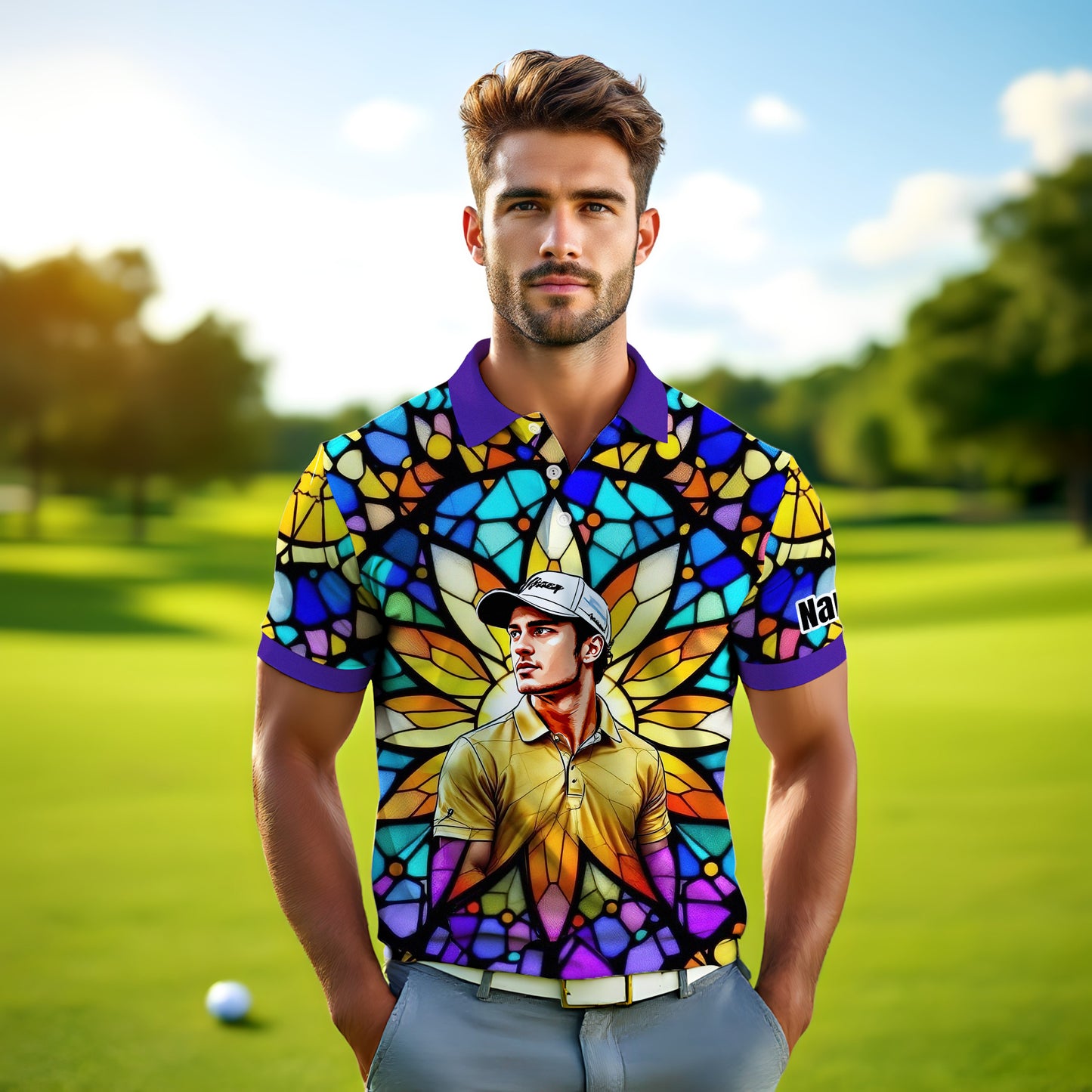 Custom Face Golf Polo Shirt – Personalized Stained Glass Art Shirt, Unique Golf Gift for Him, Colorful Abstract Golf Polo, Custom Sportswear