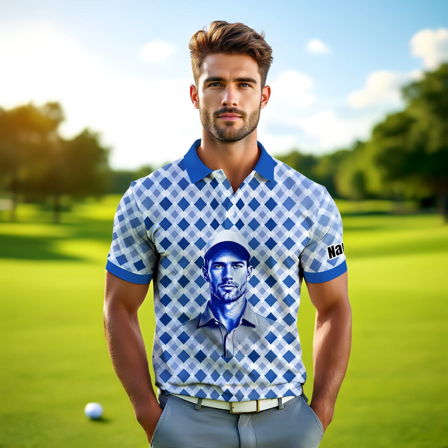 Custom Face Polo Shirt – Geometric Diamond Pattern | Personalized Photo Golf Polo | Unique Gift for Him, Retro Geometric Style Shirt Style 3
