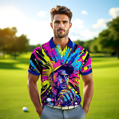 HomyGifts Men's Customized Face Artistic Golf Polo Shirt, Personalized Pop Art Golf Polo, Portrait Gift for Golfers Style 14
