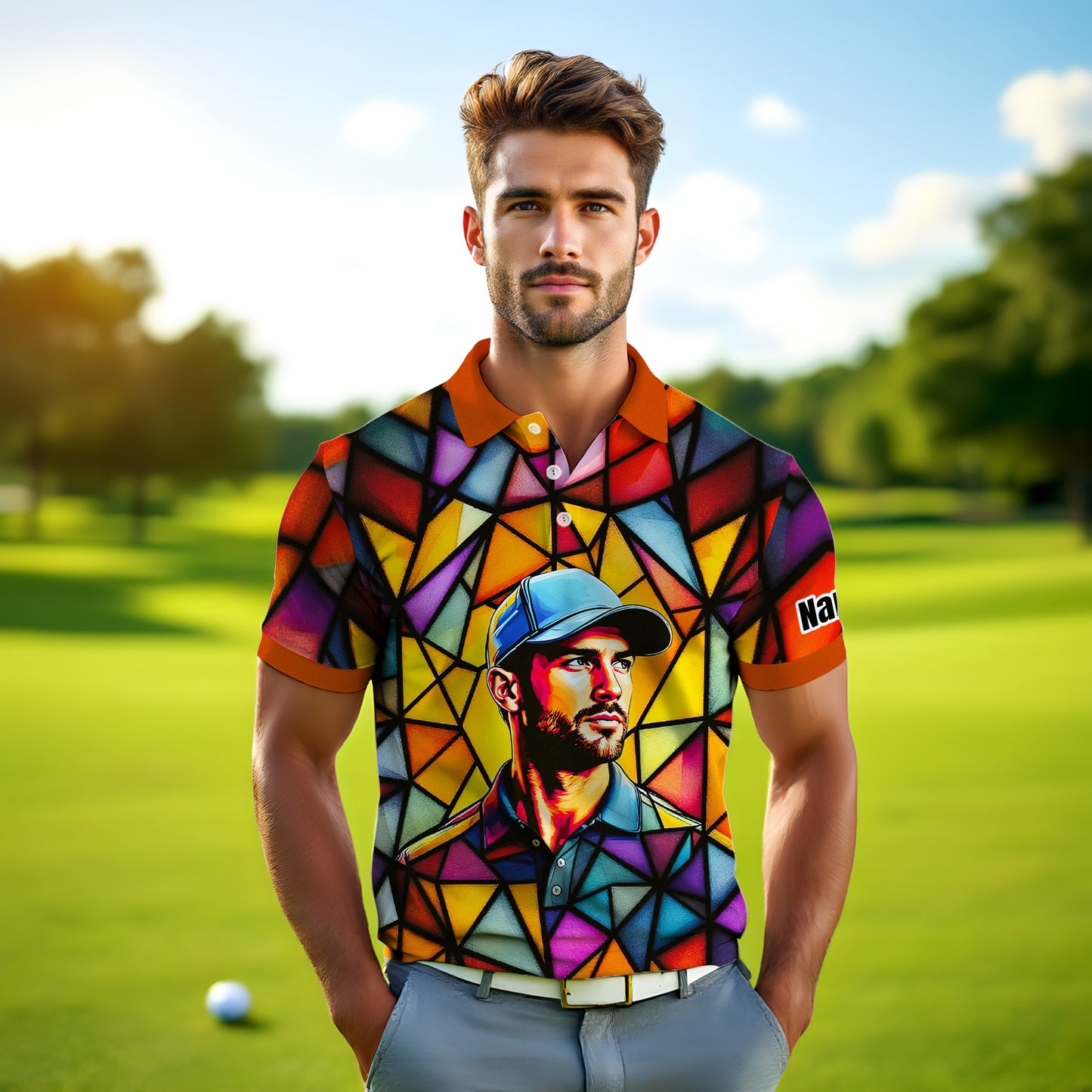 HomyGifts Men's Customized Face Artistic Golf Polo Shirt, Angular Geometric Glass Pattern, Stained-Glass Mosaic Print, Personalized Sublimation Golf Shirt, Vibrant Geometric Portrait Tee