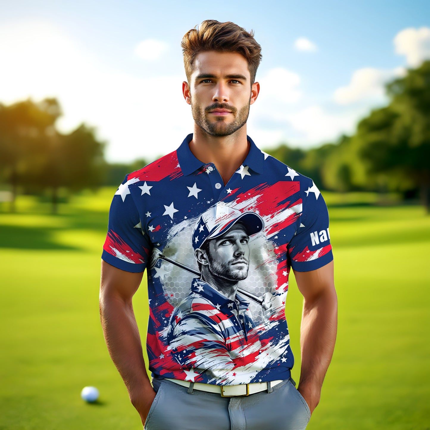 HomyGifts Men's Customized Face Artistic Golf Polo Shirt, Personalized American Flag Design, Unique Gift for Patriotic Golfers Style 17