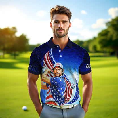Custom Face Patriotic Golf Polo Shirt – Personalized USA Flag Design – American Pride Gift for Him – Mosaic Art Golf Shirt Style 6