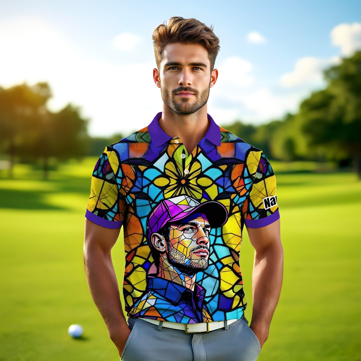 Custom Face Golf Polo Shirt – Personalized Stained Glass Art Shirt, Unique Golf Gift for Him, Colorful Abstract Golf Polo, Custom Sportswear