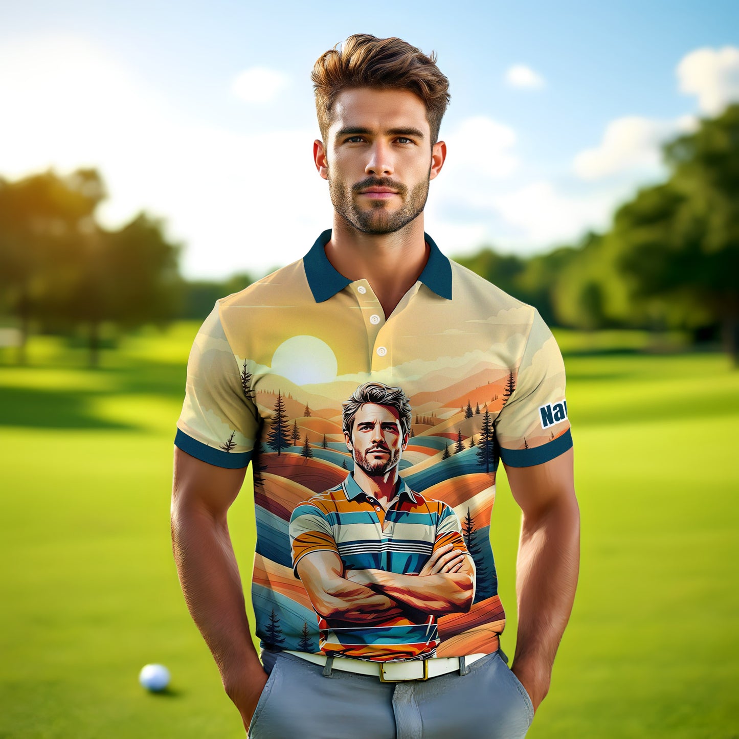 Custom Vintage Americana Golf Polo with Your Face - Retro Personalized Gift for Men Style 7
