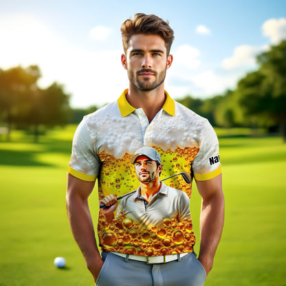 HomyGifts Men's Customized Face Artistic Golf Polo Shirt, Beer pattern Design, Special Gift for Beer & Golf Lovers, Summer Party Outfit, Unique Gift for Men Style 3