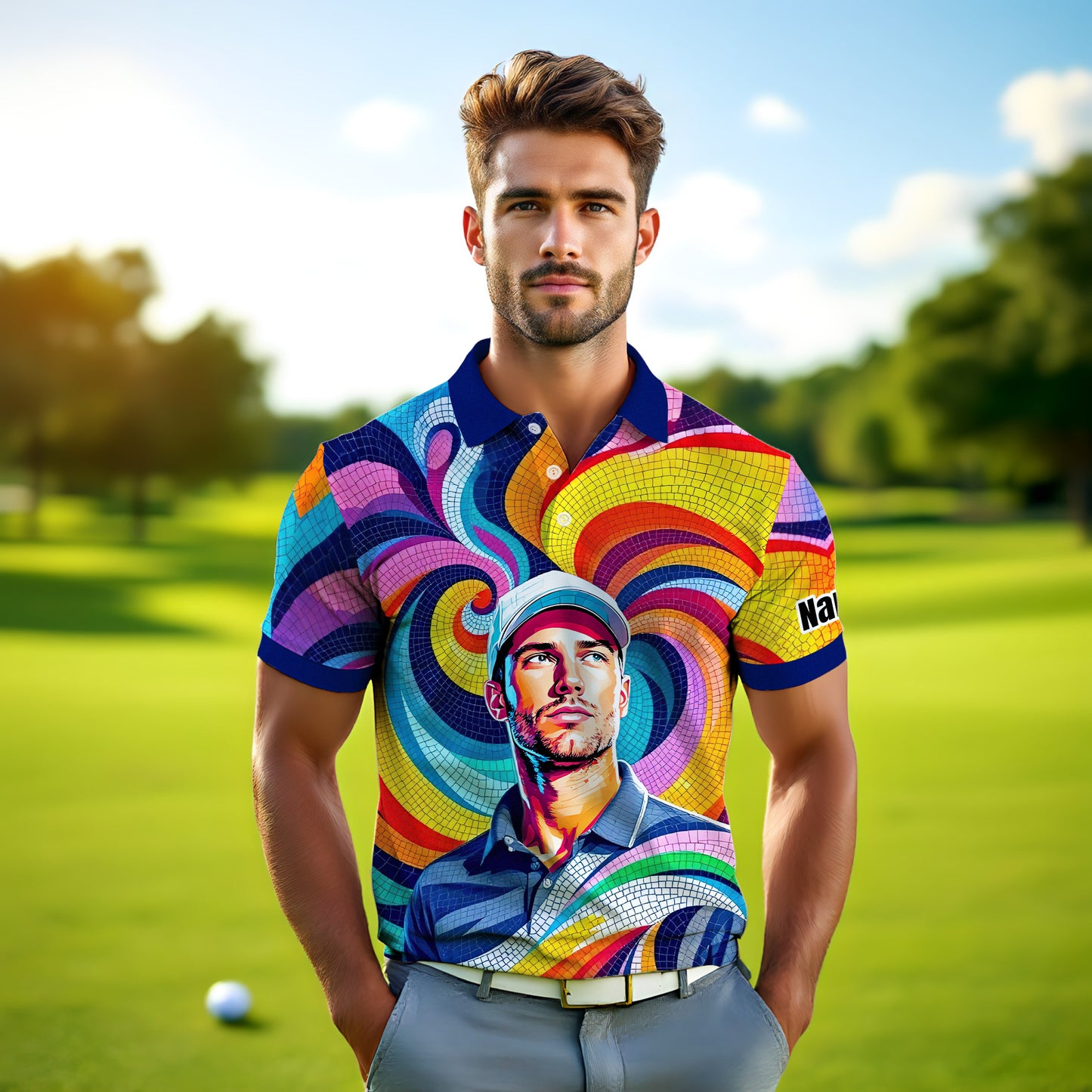 Personalized Mosaic Portrait Polo — Custom Face Mosaic Art Style Shirt Style 2