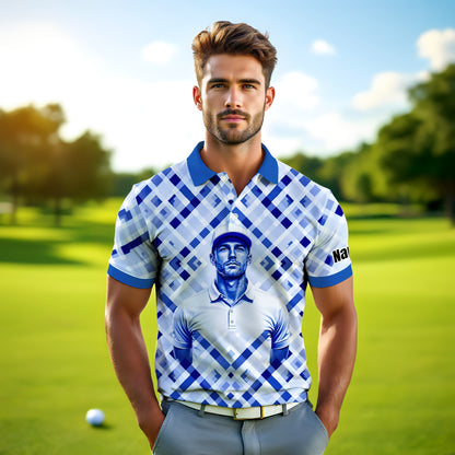 Custom Face Polo Shirt – Geometric Diamond Pattern | Personalized Photo Golf Polo | Unique Gift for Him, Retro Geometric Style Shirt Style 6