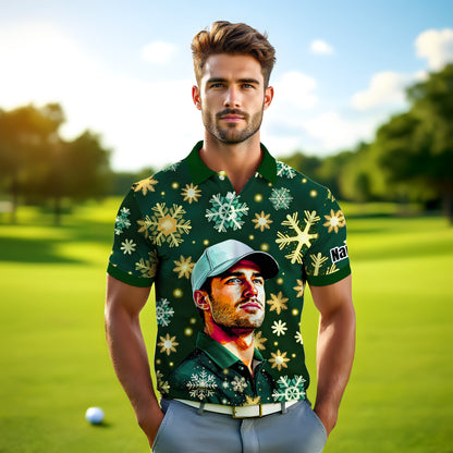 Custom Face Golf Polo Shirt – Personalized Christmas Golf Shirt for Him, Unique Holiday Gift for Golfer, Snowflake Design Golf Apparel Style 19