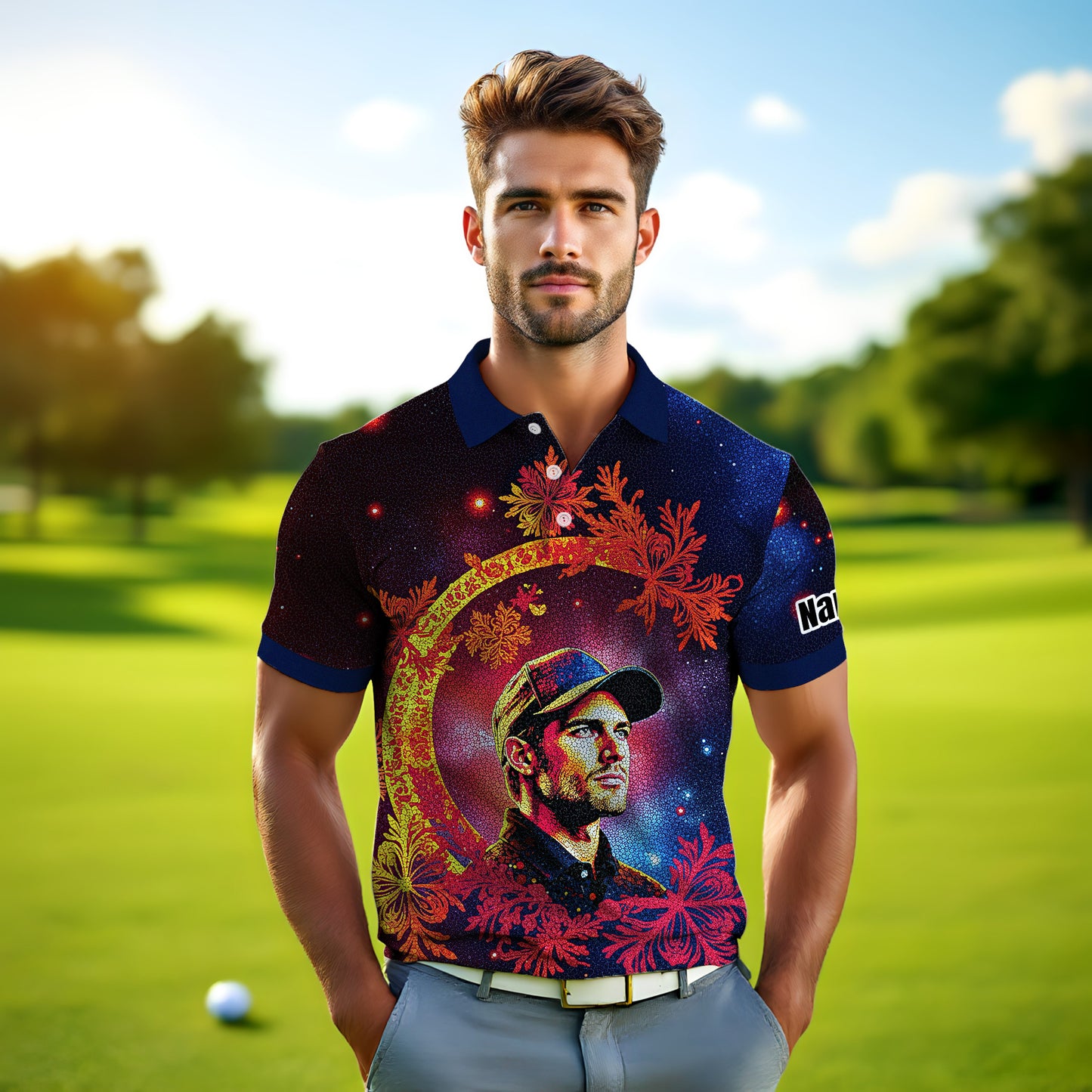 Custom Face Golf Polo Shirt – Personalized Christmas Golf Shirt for Him, Unique Holiday Gift for Golfer, Snowflake Design Golf Apparel Style 11