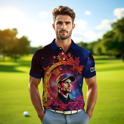 Custom Face Golf Polo Shirt – Personalized Christmas Golf Shirt for Him, Unique Holiday Gift for Golfer, Snowflake Design Golf Apparel Style 11