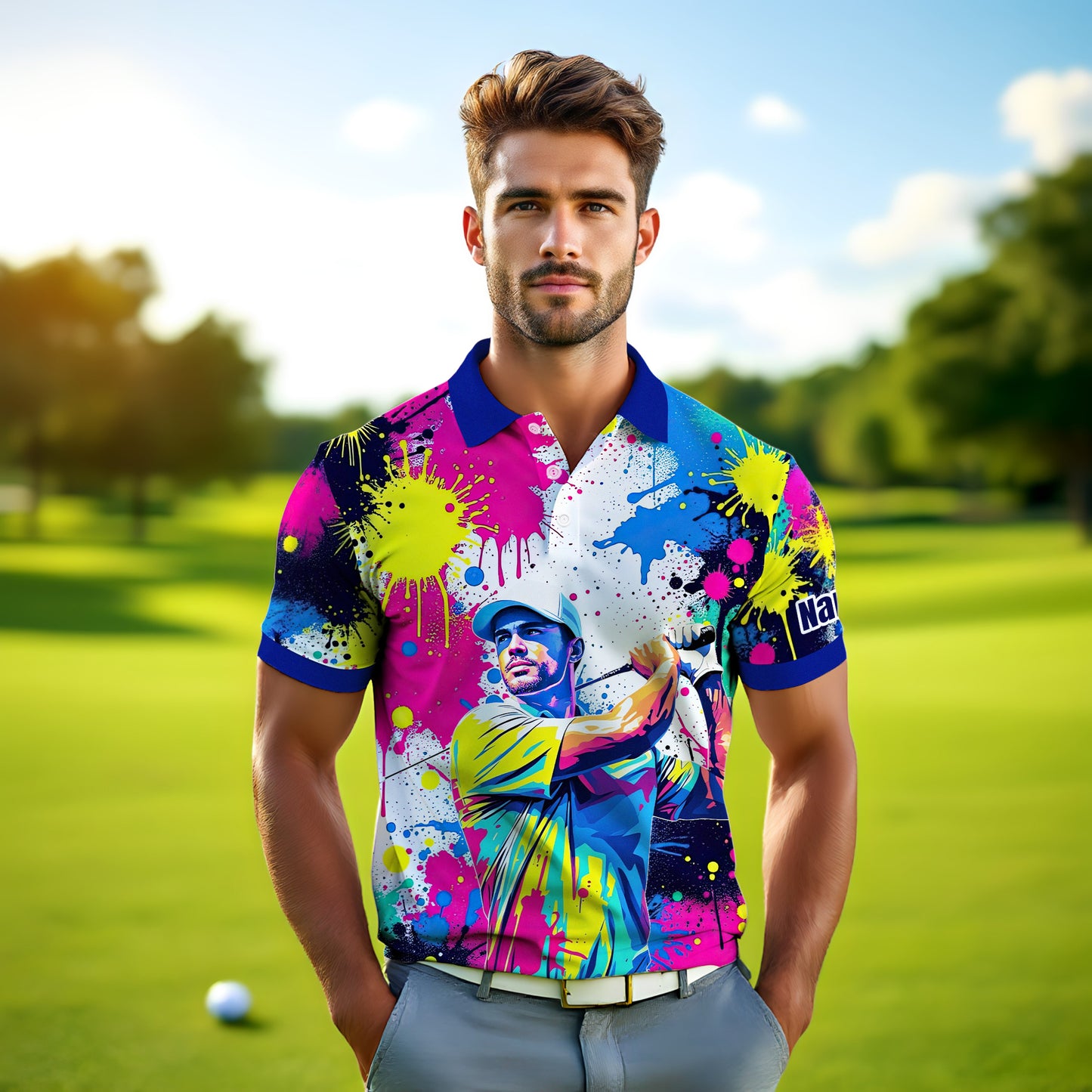 HomyGifts Men's Customized Face Artistic Golf Polo Shirt, Personalized Pop Art Golf Polo, Portrait Gift for Golfers Style 16