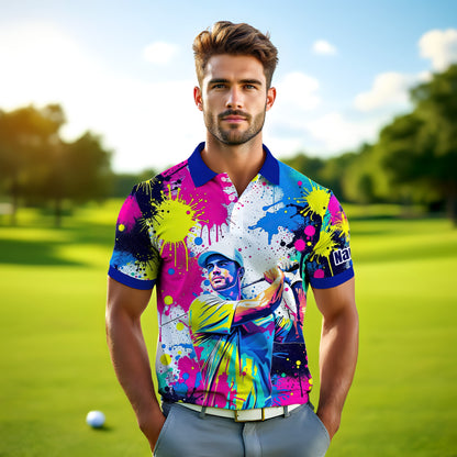 HomyGifts Men's Customized Face Artistic Golf Polo Shirt, Personalized Pop Art Golf Polo, Portrait Gift for Golfers Style 16