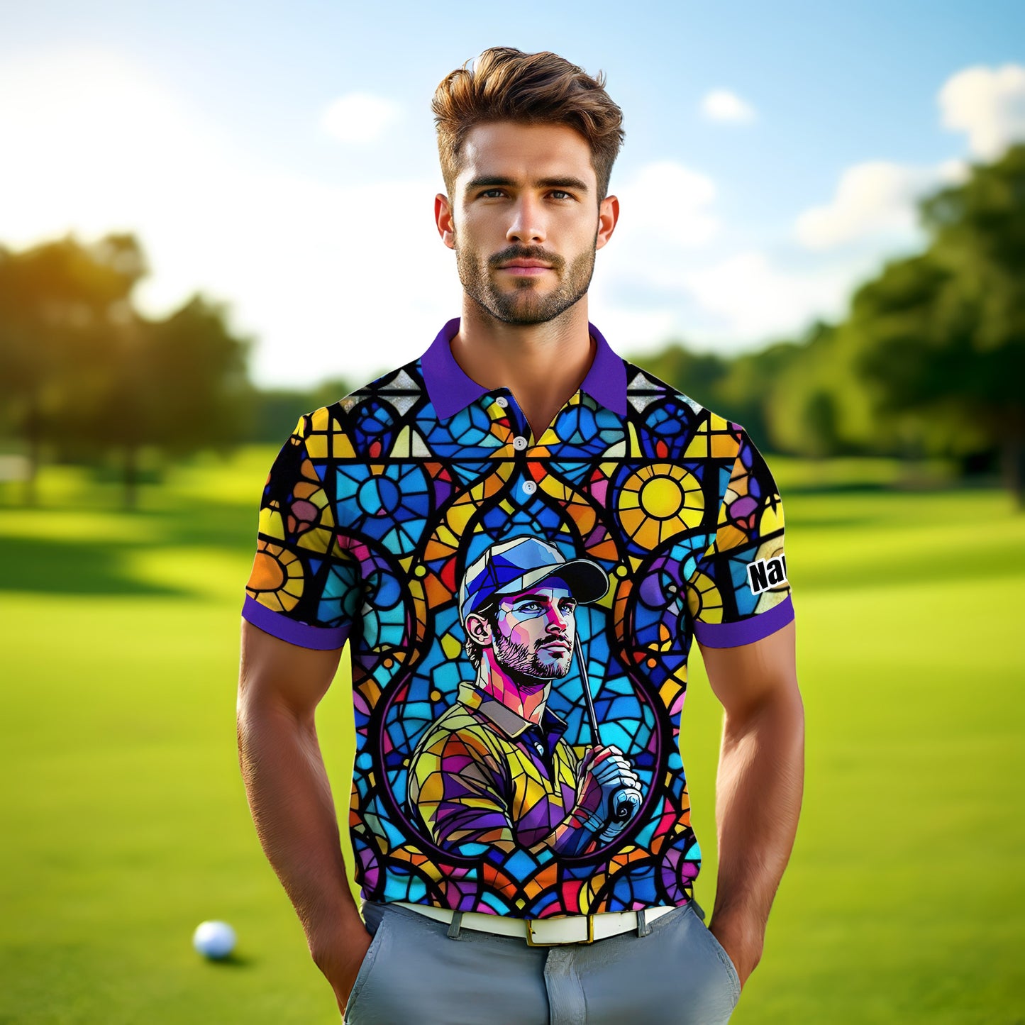 Custom Face Golf Polo Shirt – Personalized Stained Glass Art Shirt, Unique Golf Gift for Him, Colorful Abstract Golf Polo, Custom Sportswear