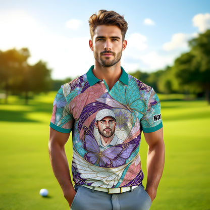 Custom Face Butterfly Golf Polo Shirt – Personalized Spring Mirage Art Style – Unique Gift for Him, Nature Inspired Men's Shirt Style 1