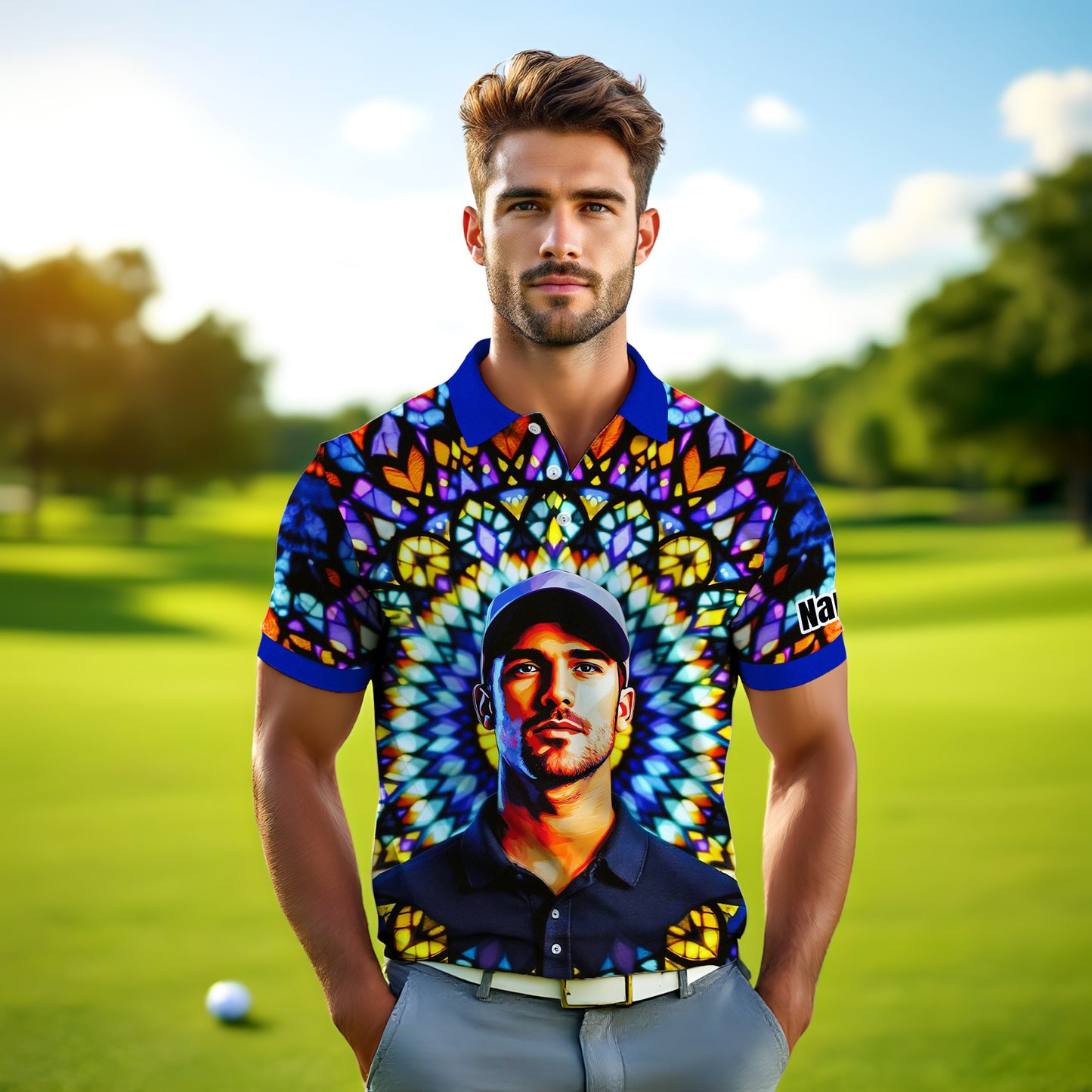 Custom Face Golf Polo Shirt – Personalized Stained Glass Mandala Style Polo, Unique Gift for Men & Women, Vibrant Artistic Golf Shirt, Custom Photo Polo