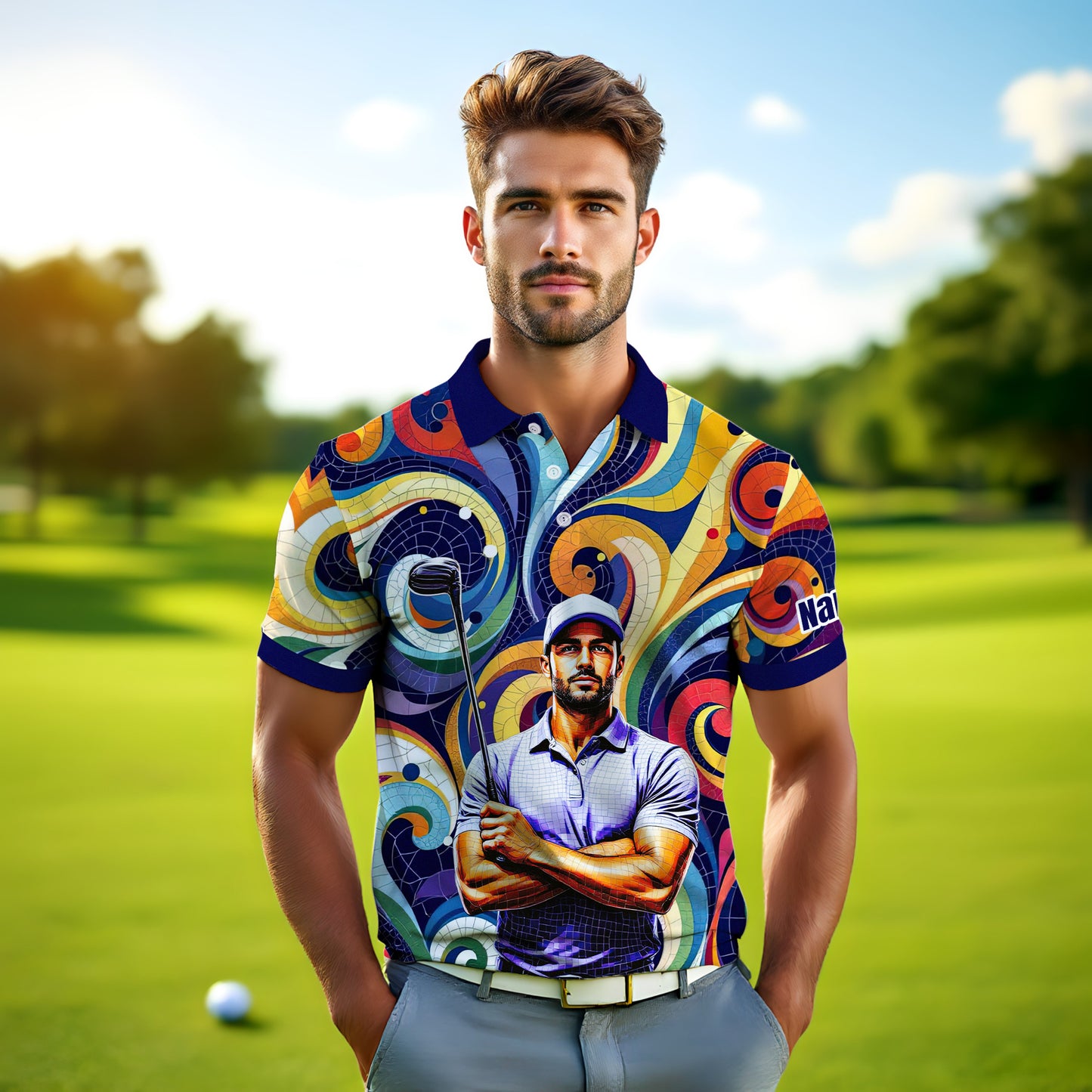 HomyGifts Men's Customized Face Artistic Golf Polo Shirt, Mosaic Art Style, Unique Personalized Golf Polo For Men Style 10