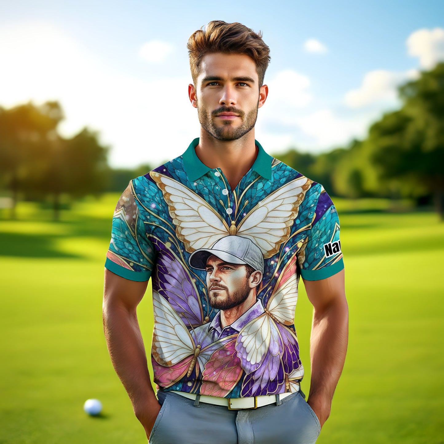Custom Face Butterfly Golf Polo Shirt – Personalized Spring Mirage Art Style – Unique Gift for Him, Nature Inspired Men's Shirt Style 4