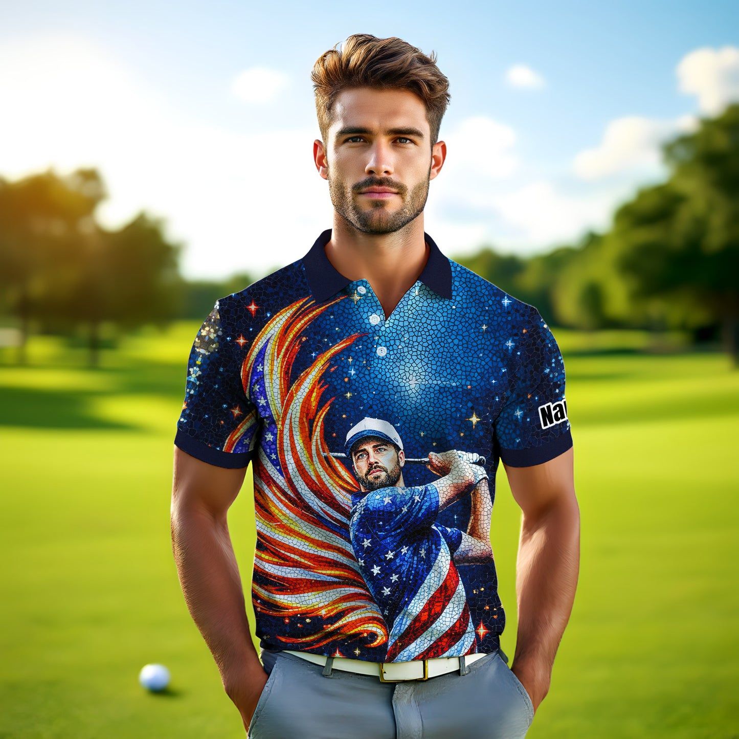 Custom Face Patriotic Golf Polo Shirt – Personalized USA Flag Design – American Pride Gift for Him – Mosaic Art Golf Shirt Style 7