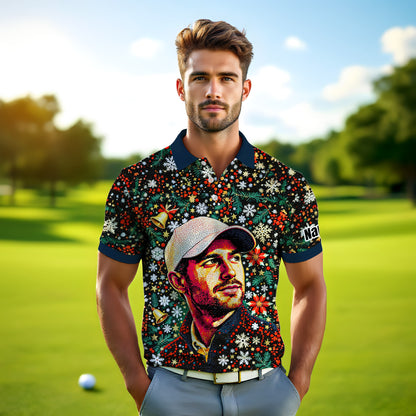 Personalized Christmas Golf Polo Shirt with Your Face – Custom Photo Holiday Shirt – Unique Mosaic Art Xmas Gift for Men, Custom Golf Apparel Style 6