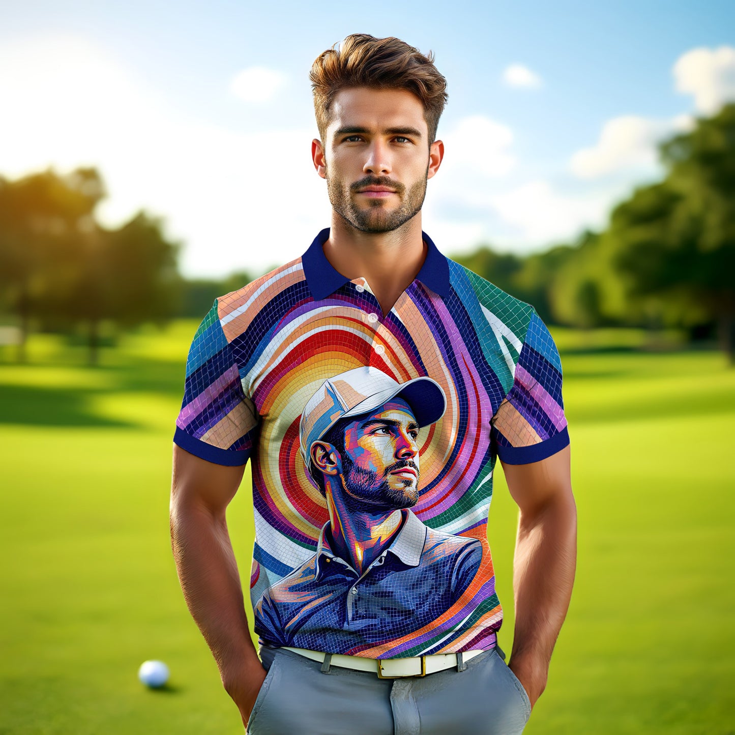 HomyGifts Men's Customized Face Artistic Golf Polo Shirt, Mosaic Art Style, Unique Personalized Golf Polo For Men Style 4