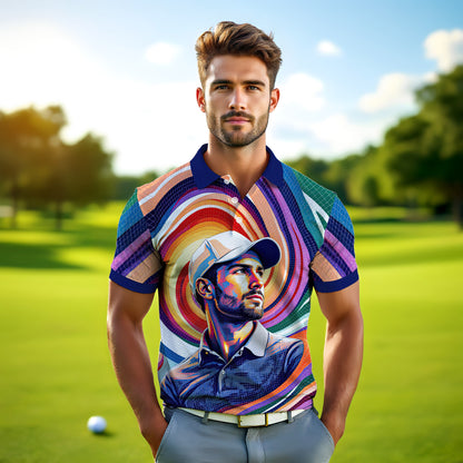 HomyGifts Men's Customized Face Artistic Golf Polo Shirt, Mosaic Art Style, Unique Personalized Golf Polo For Men Style 4