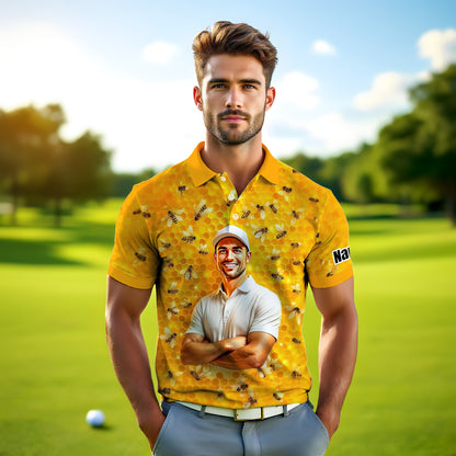 HomyGifts Men's Customized Face Artistic Golf Polo Shirt, Personalized Bee & Honeycomb Polo Shirt with Face, Funny Honey Lover Outfit, Summer Polo for Men Style 1