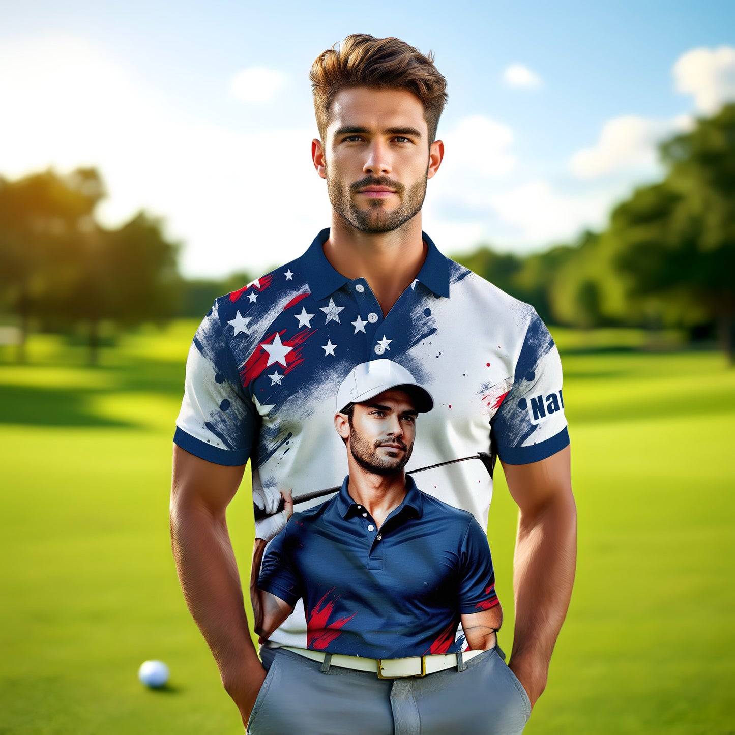 HomyGifts Men's Customized Face Artistic Golf Polo Shirt, Personalized American Flag Design, Unique Gift for Patriotic Golfers Style 28