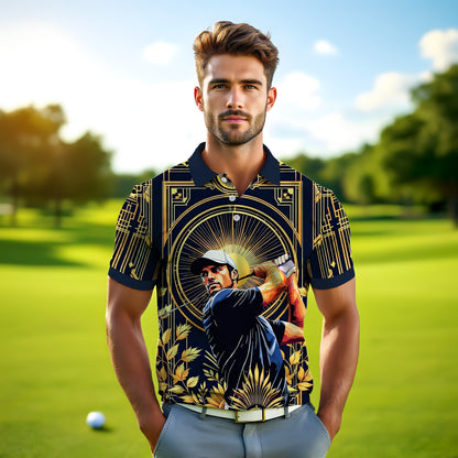 Custom Face Golf Polo Shirt – Swing in Gold Art Deco Revival Style | Personalized Golf Shirt for Men Style 6