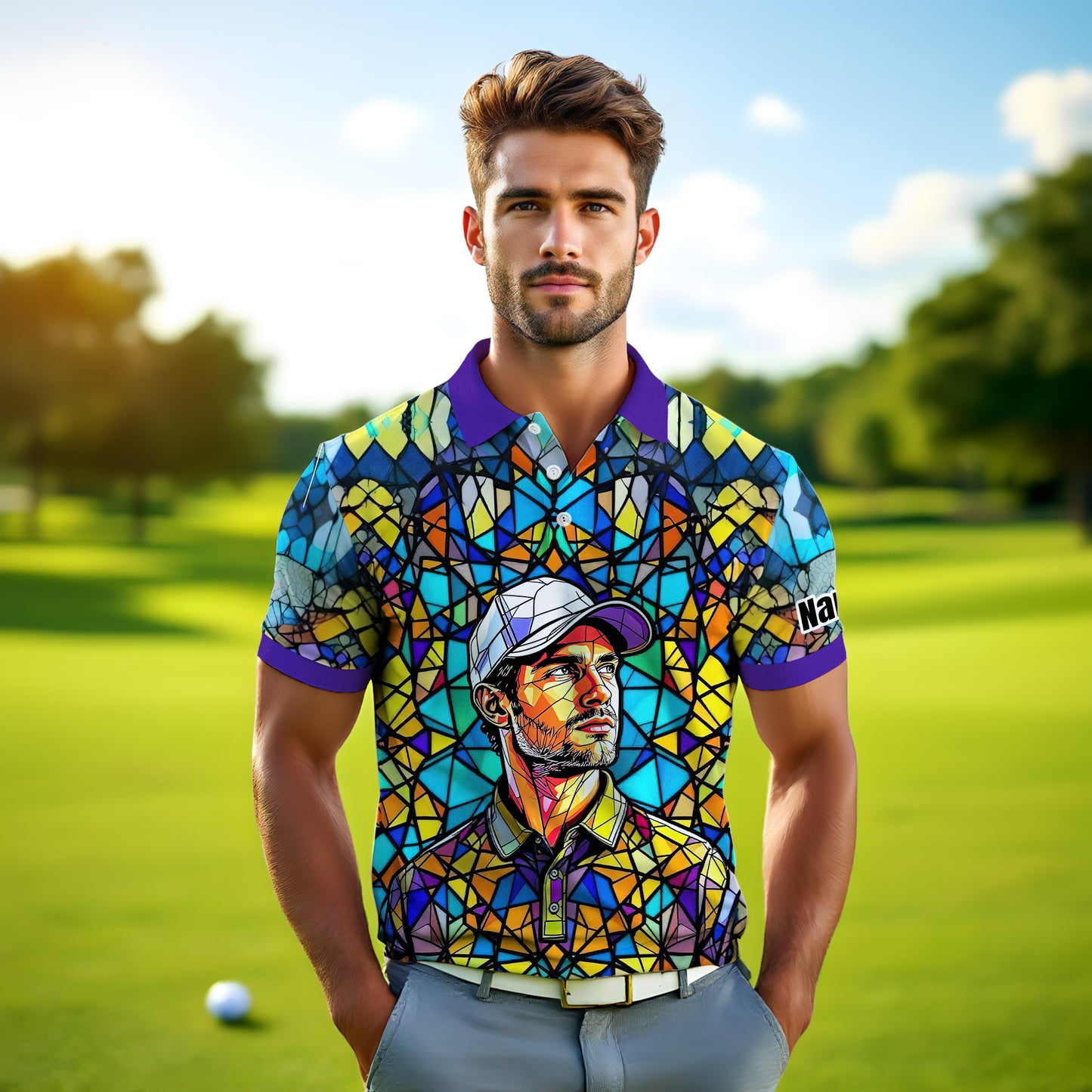 Custom Face Golf Polo Shirt – Personalized Stained Glass Art Shirt, Unique Golf Gift for Him, Colorful Abstract Golf Polo, Custom Sportswear