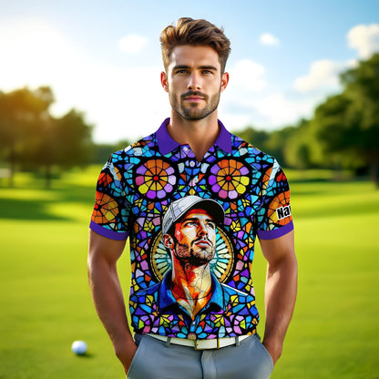 Custom Face Golf Polo Shirt – Personalized Stained Glass Art Shirt, Unique Golf Gift for Him, Colorful Abstract Golf Polo, Custom Sportswear