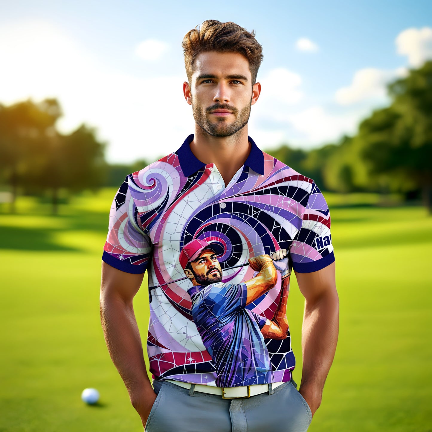 HomyGifts Men's Customized Face Artistic Golf Polo Shirt, Mosaic Art Style, Unique Personalized Golf Polo For Men Style 7