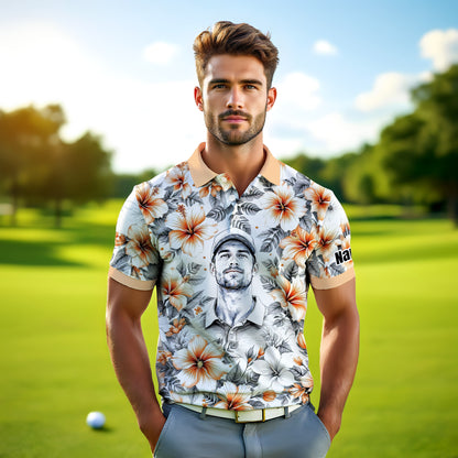 Custom Face Tropical Floral Polo Shirt – Personalized Summer Shirt, Fun Beach Vacation Gift, Unique Tropical Party Outfit Style 1