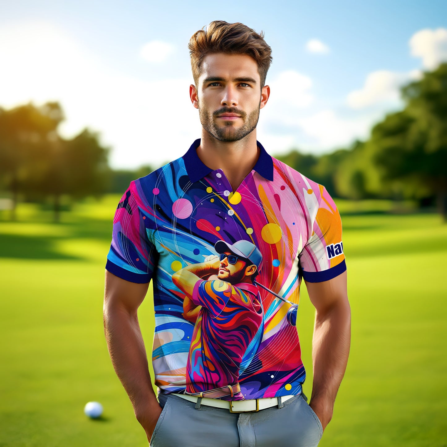 HomyGifts Men's Customized Face Artistic Golf Polo Shirt, Mosaic Art Style, Unique Personalized Golf Polo For Men Style 15