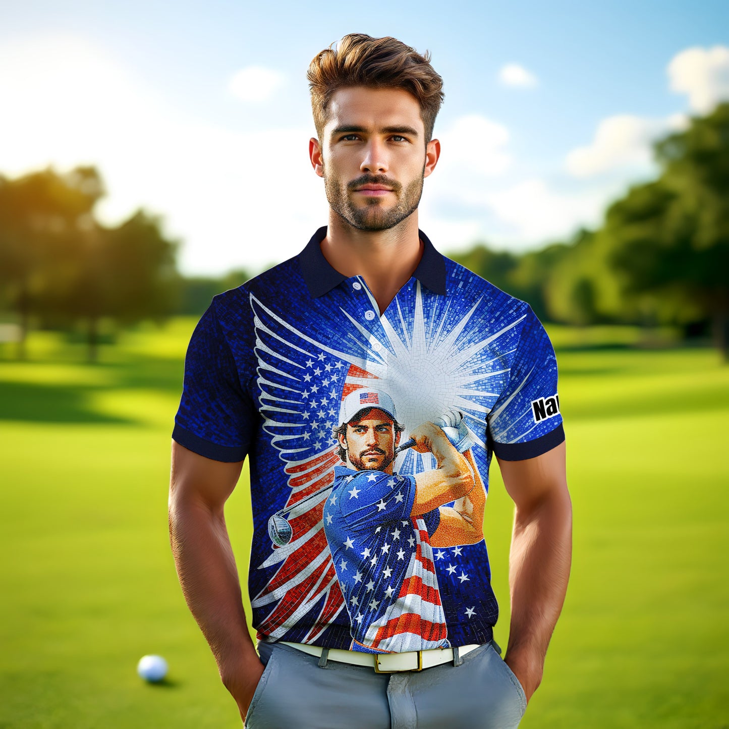Custom Face Patriotic Golf Polo Shirt – Personalized USA Flag Design – American Pride Gift for Him – Mosaic Art Golf Shirt Style 3