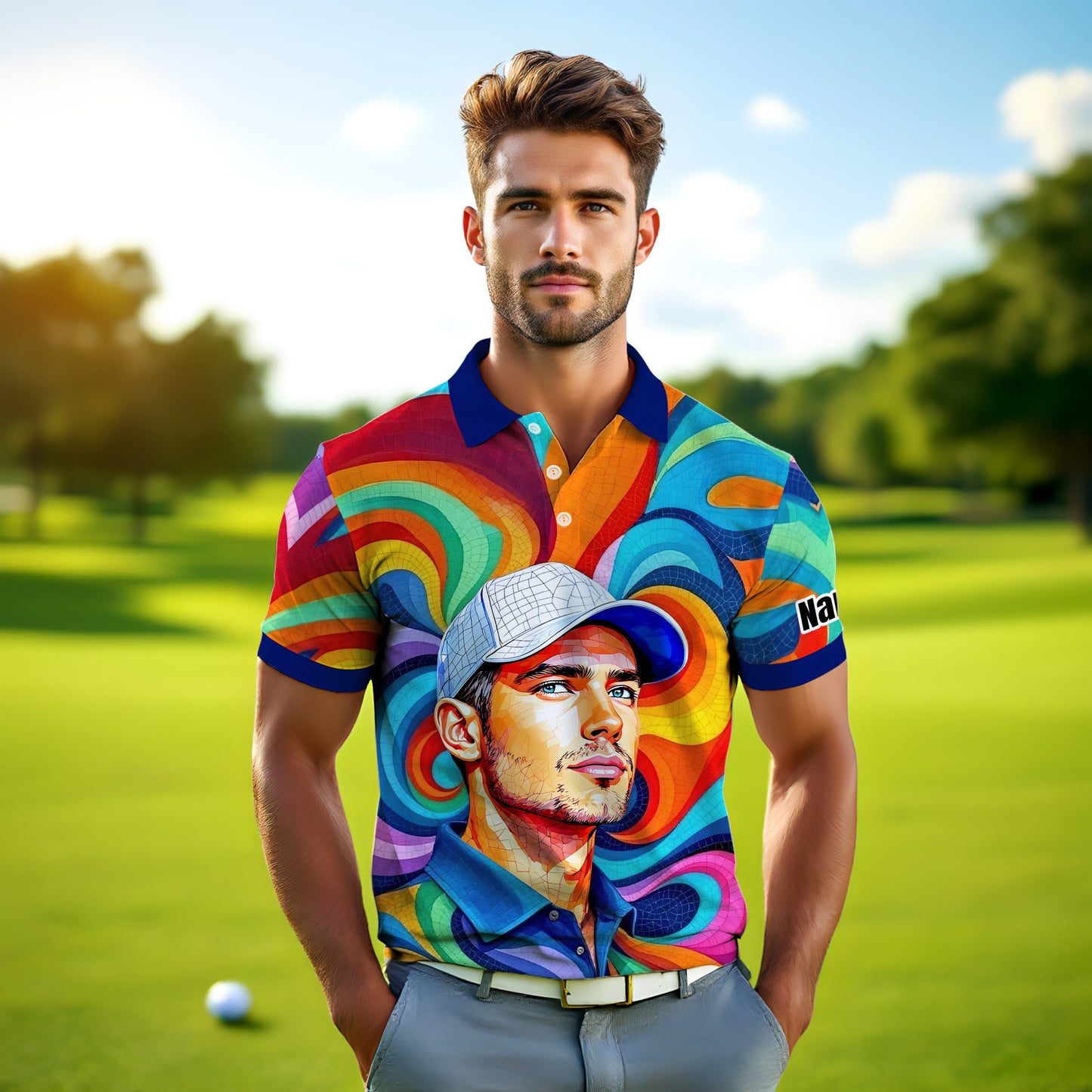 Personalized Mosaic Portrait Polo — Custom Face Mosaic Art Style Shirt Style 14