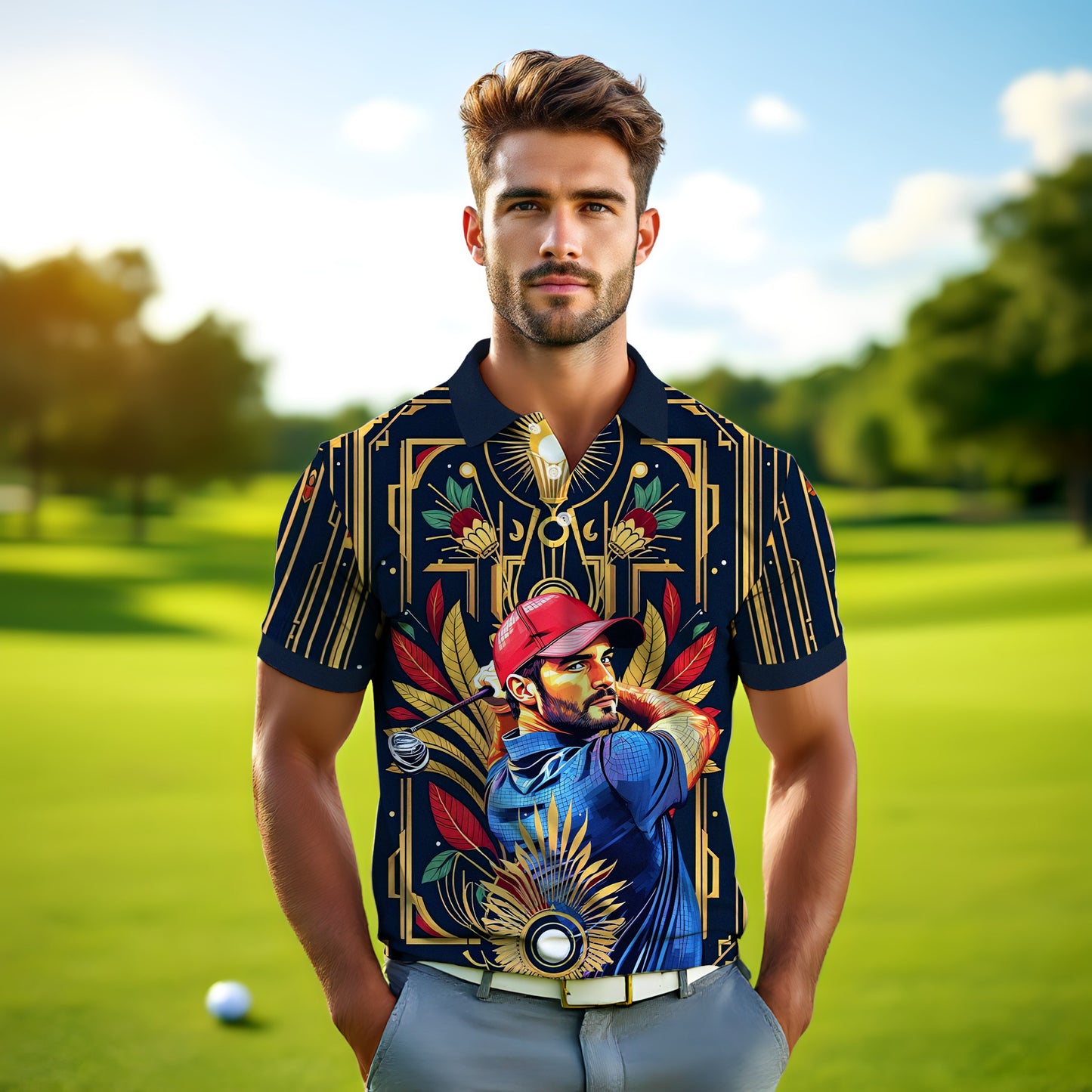 Custom Face Golf Polo Shirt – Swing in Gold Art Deco Revival Style | Personalized Golf Shirt for Men Style 9
