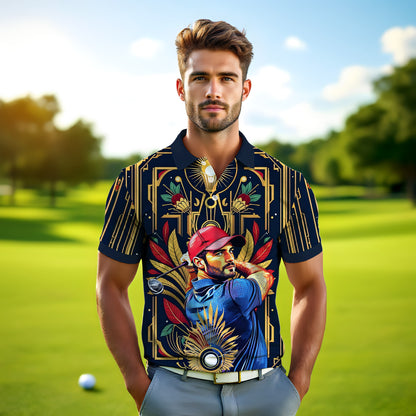 Custom Face Golf Polo Shirt – Swing in Gold Art Deco Revival Style | Personalized Golf Shirt for Men Style 9