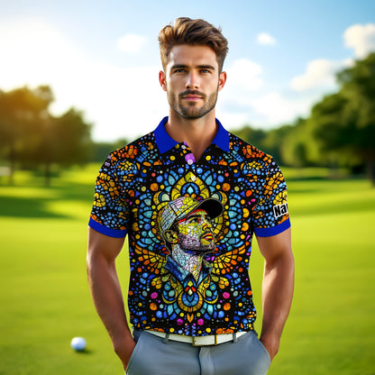 Custom Face Golf Polo Shirt – Personalized Stained Glass Mandala Style Polo, Unique Gift for Men & Women, Vibrant Artistic Golf Shirt, Custom Photo Polo