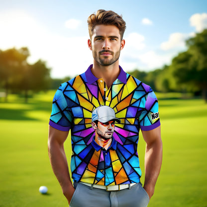 Custom Face Golf Polo Shirt – Personalized Stained Glass Art Shirt, Unique Golf Gift for Him, Colorful Abstract Golf Polo, Custom Sportswear