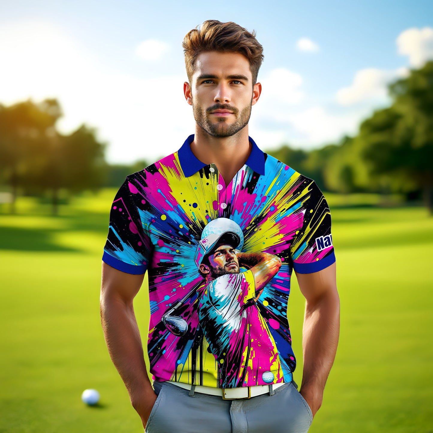 HomyGifts Men's Customized Face Artistic Golf Polo Shirt, Personalized Pop Art Golf Polo, Portrait Gift for Golfers Style 8
