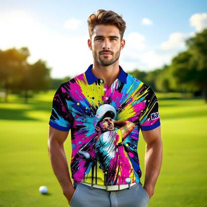 HomyGifts Men's Customized Face Artistic Golf Polo Shirt, Personalized Pop Art Golf Polo, Portrait Gift for Golfers Style 8