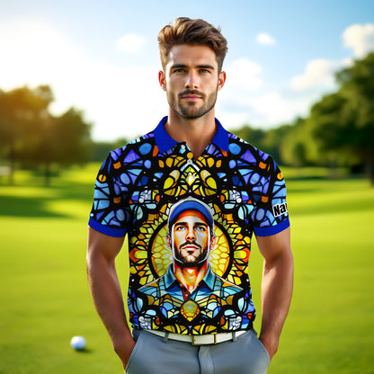 Custom Face Golf Polo Shirt – Personalized Stained Glass Mandala Style Polo, Unique Gift for Men & Women, Vibrant Artistic Golf Shirt, Custom Photo Polo