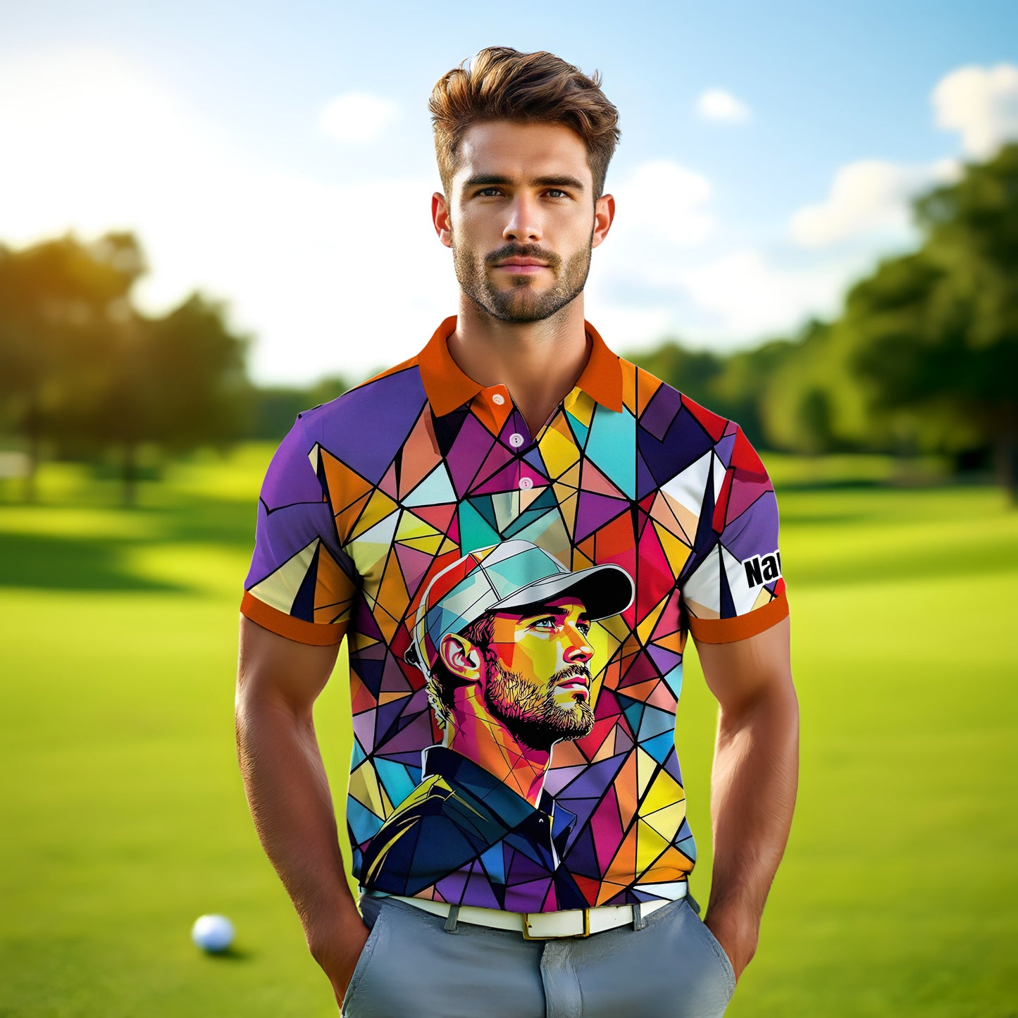 HomyGifts Men's Customized Face Artistic Golf Polo Shirt, Angular Geometric Glass Pattern, Stained-Glass Mosaic Print, Personalized Sublimation Golf Shirt, Vibrant Geometric Portrait Tee