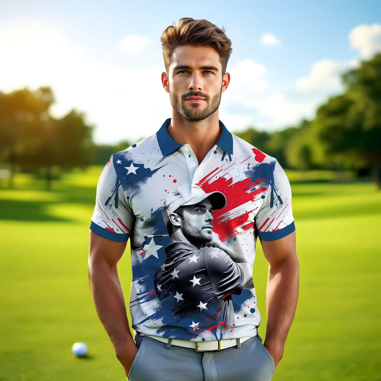 HomyGifts Men's Customized Face Artistic Golf Polo Shirt, Personalized American Flag Design, Unique Gift for Patriotic Golfers Style 14