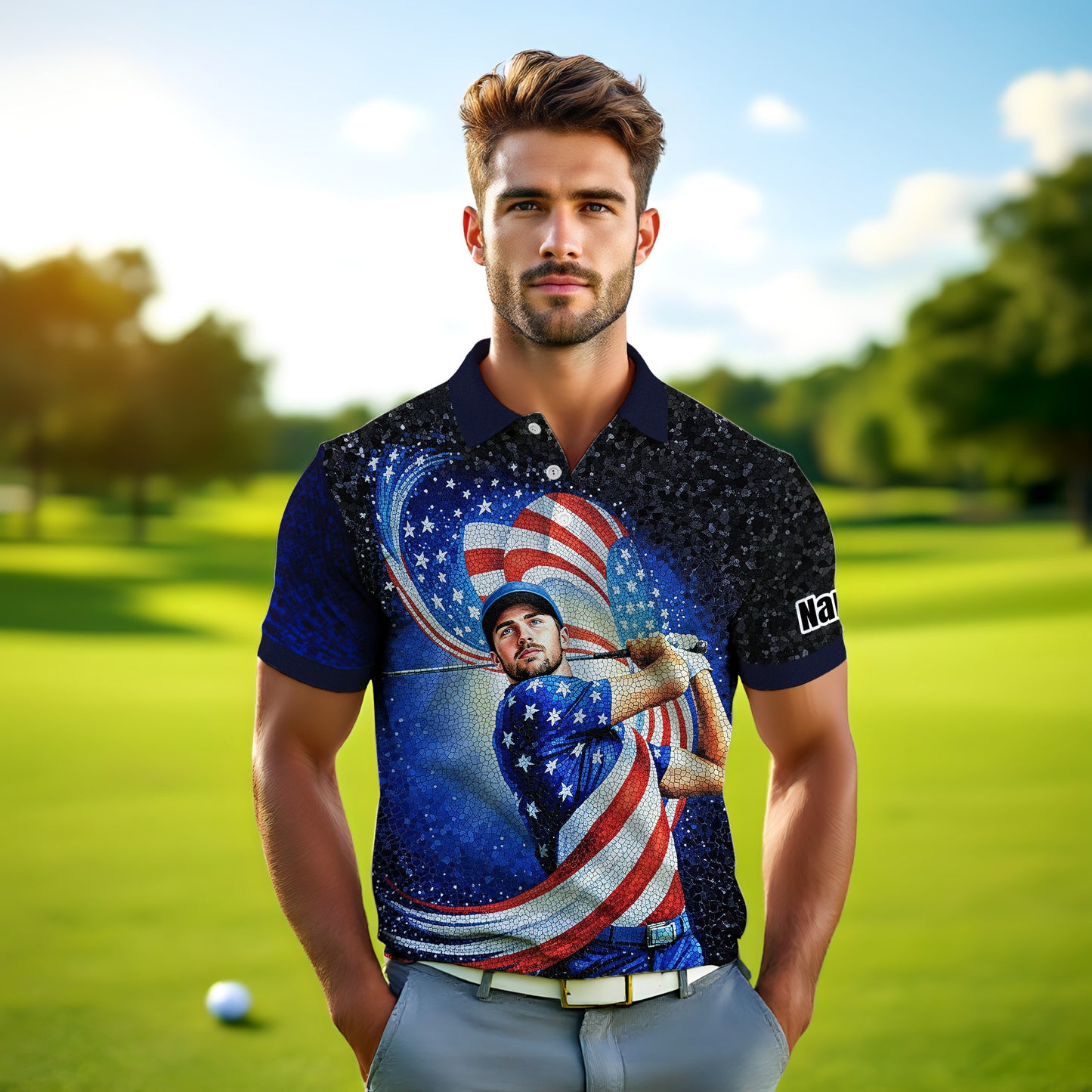Custom Face Patriotic Golf Polo Shirt – Personalized USA Flag Design – American Pride Gift for Him – Mosaic Art Golf Shirt Style 12
